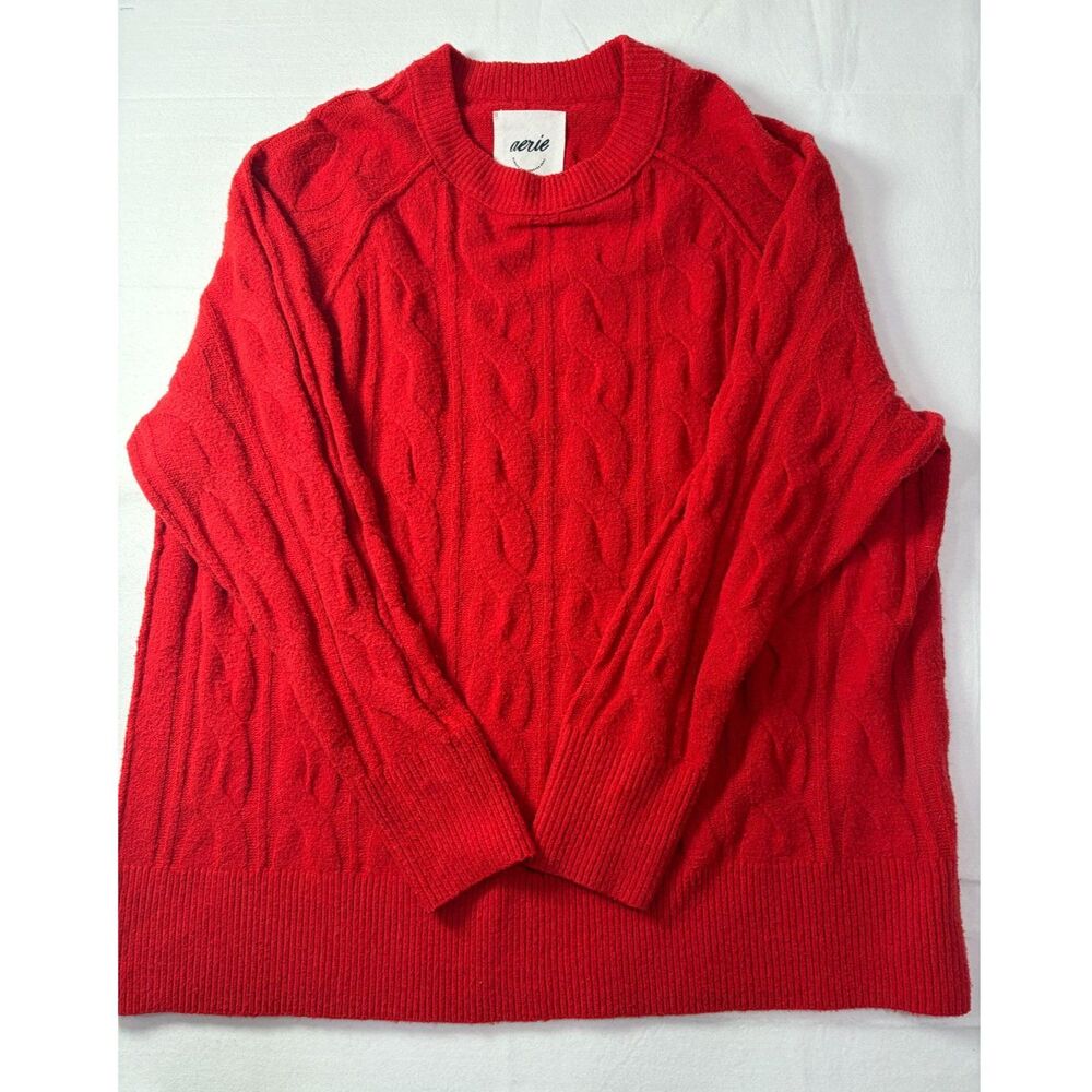 Aerie Oversized Cable Knit Sweater Bright Cherry Red Raglan Pullover Women M